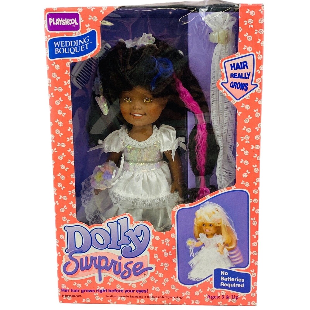 Vtg Playskool Dolly Surprise Wedding Bouquet Doll AA Black‎ 1989 Hair Grows NRFB